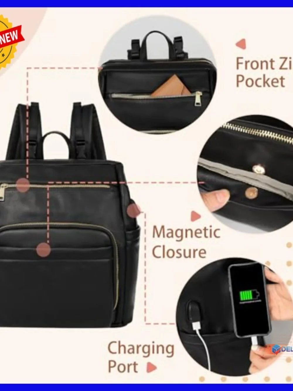 Large Leather Diaper Backpack with 18 Pockets, USB Port, Changing Pad